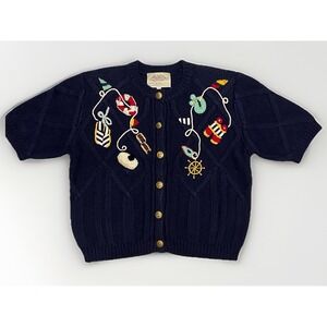 Vintage 1995 Susan Bristol Cardigan Sweater Small‎ Nautical Boating Theme